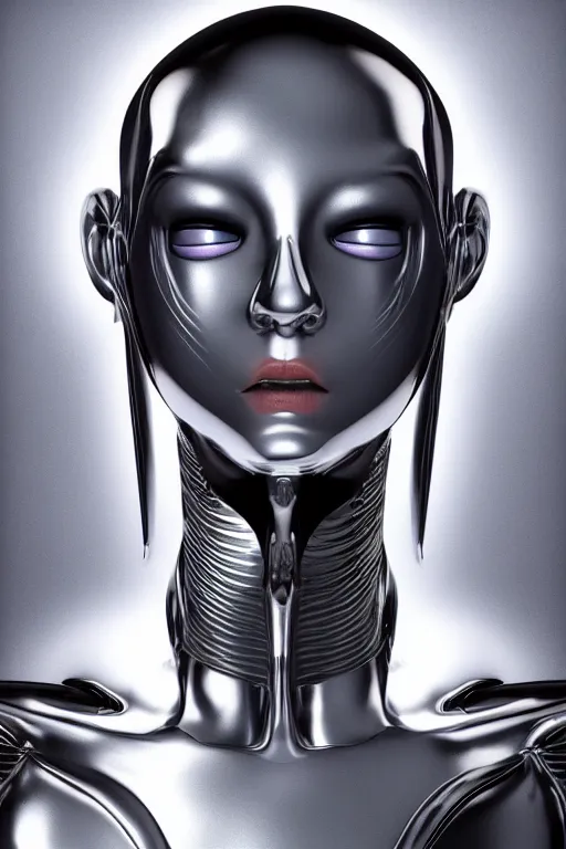 Image similar to humanoid creature with a chrome body made from gray jelly smooth face, cyberpunk, realistic, high definition, many details, symmetrical face, realistic eyes, unreal engine art 5