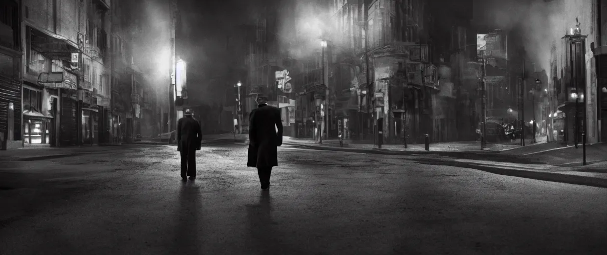 Image similar to a film noir detective walking along a street; extremely detailed; film still