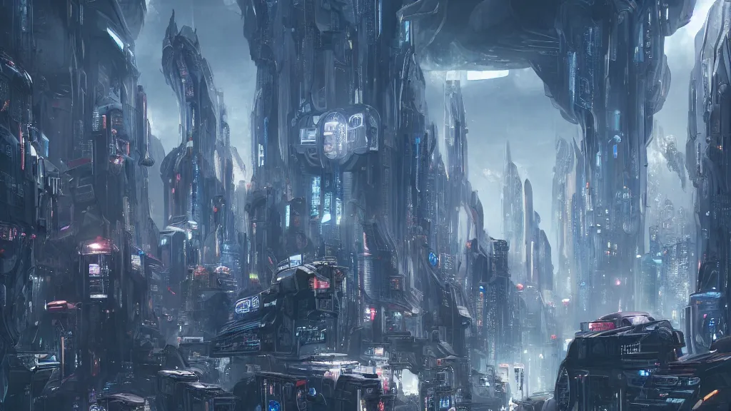 Image similar to a vast alien city, bustling and alive, futuristic, biological, cyberpunk, sinister, lightening and smog, dust, ultra realistic, hyper detailed, concept art, cinematic, wide lens,
