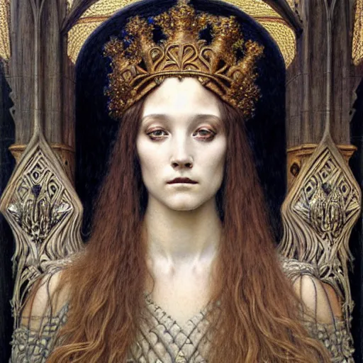 Image similar to detailed realistic beautiful young medieval queen portrait by jean delville, gustave dore and marco mazzoni, art nouveau, symbolist, visionary, gothic, pre - raphaelite, horizontal symmetry