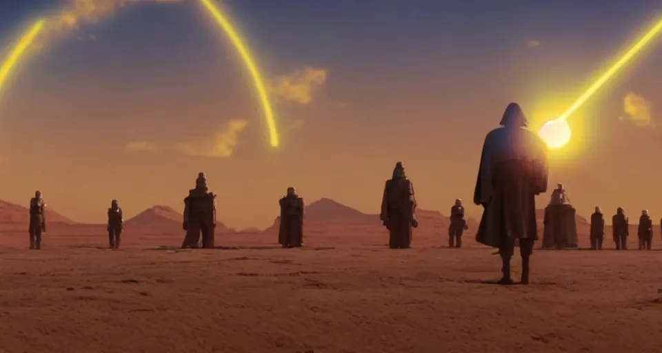 Image similar to beautiful wide shot tatooine landscape obi wan kenobi Luke skywalker droids binary sunset in Star Wars a new hope 1977 by studio ghibli, Miyazaki, animation, highly detailed, 70mm