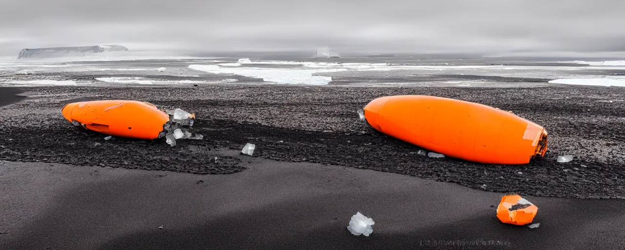 Prompt: cinematic shot of giant orange and white military spacecraft wreckage on an endless black sand beach in iceland with icebergs in the distance, 2 8 mm, shockwave