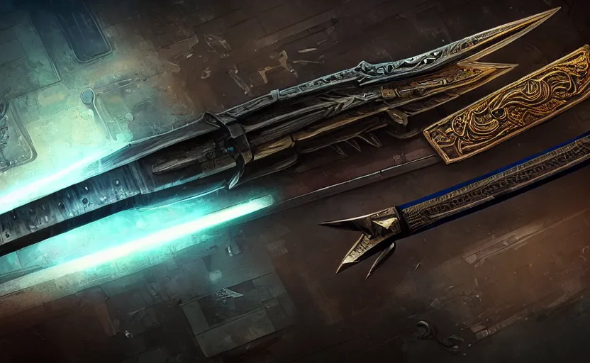 Image similar to legendary sword of cybernetic technology lying flat on a glowing table, digital award winning hd matte painting, intimate dark moody, intricate, long sharp black and iridescent blade, ornate spikes, colorful hilt, detailed realistic, raytraced blade, colored gems, golden pommel, in the style of greg rutkowski and krenz cushart, deviantart