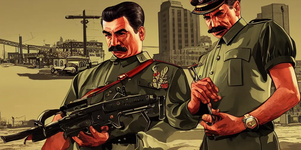 Prompt: joseph stalin in gta v, cover art by stephen bliss, boxart, loading screen, 8 k resolution