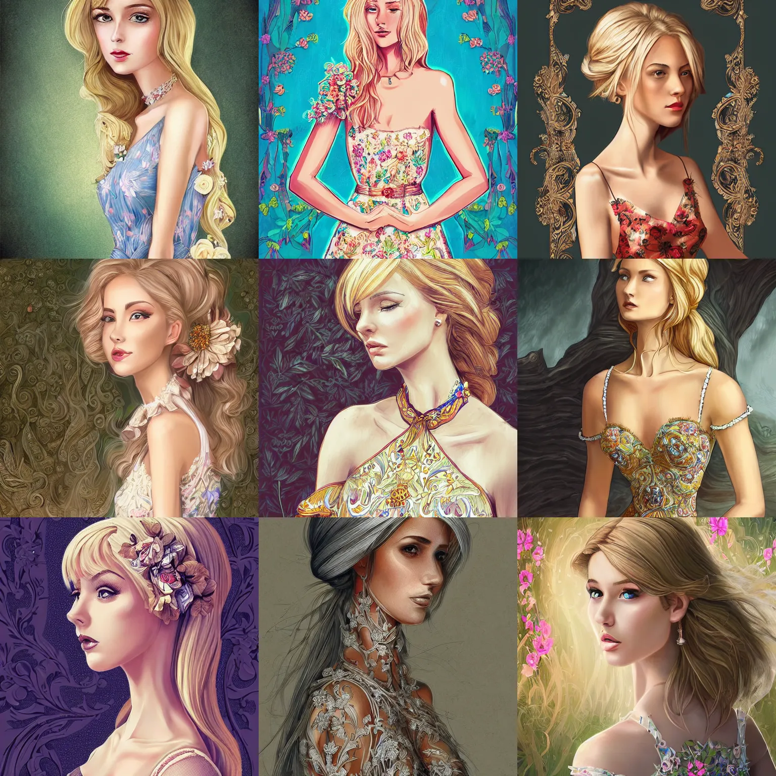 Prompt: beautiful woman wearing a summer dress, light blonde shoulder-length hair, digital art, digital painting, ornate, highly detailed and intricate