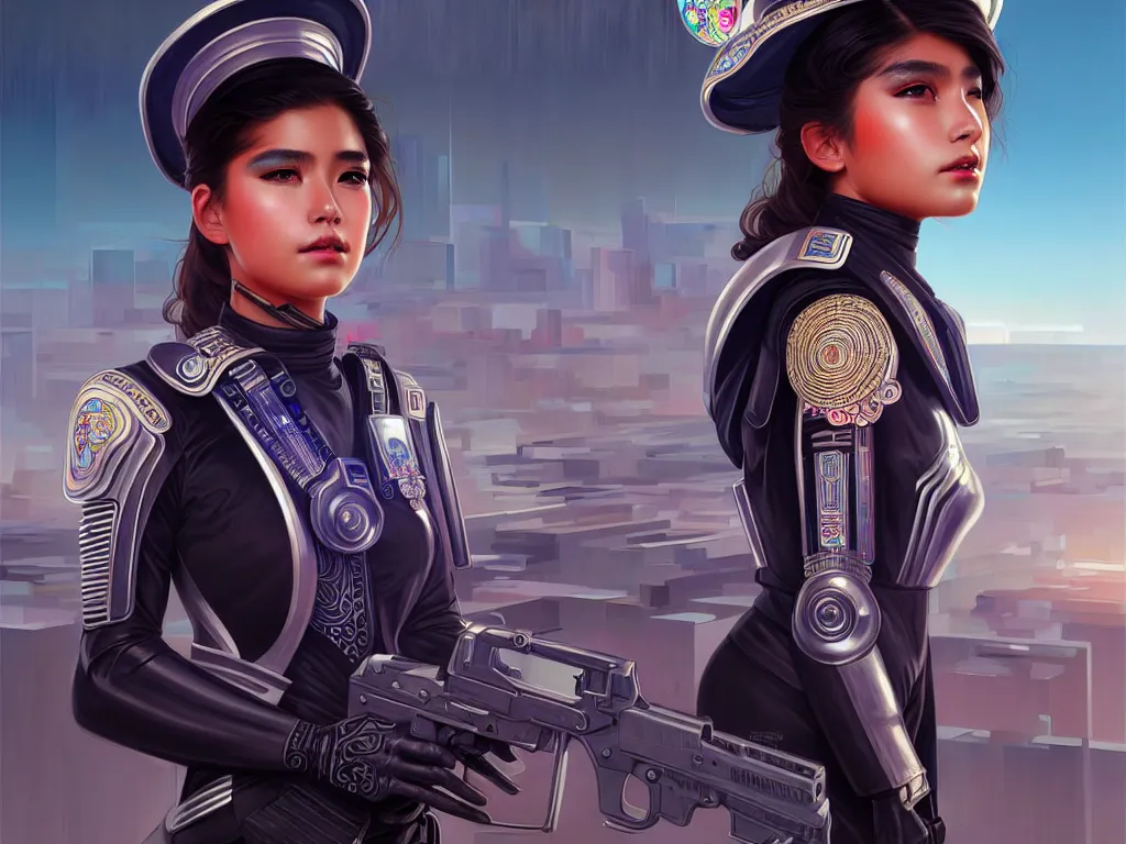 Image similar to portrait futuristic mexico police uniform girl, at future neon light rooftop, ssci - fi and fantasy, intricate and very very beautiful and elegant, highly detailed, digital painting, artstation, concept art, smooth and sharp focus, illustration, art by tan zi and ayanamikodon and alphonse mucha and wlop