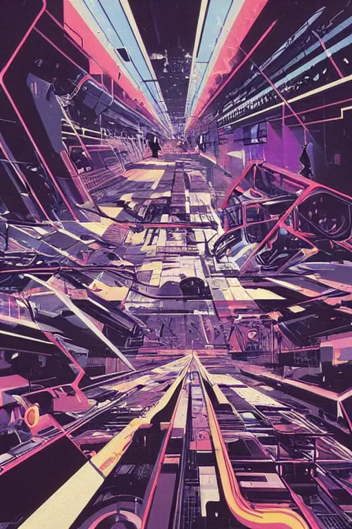 Image similar to wideangle exploding tensor fields, cybernetic, subway crowd, madness, decoherence, synthwave, glitch!!, fractured reality, vortex, realistic, hyperdetailed, concept art, art by syd mead, cubism