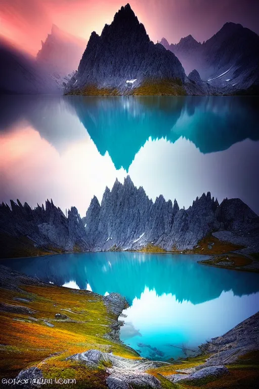 Image similar to a beautiful ethereal mountain scene with a blue lake by daniel kordan, photo realism, dark moody color palate,