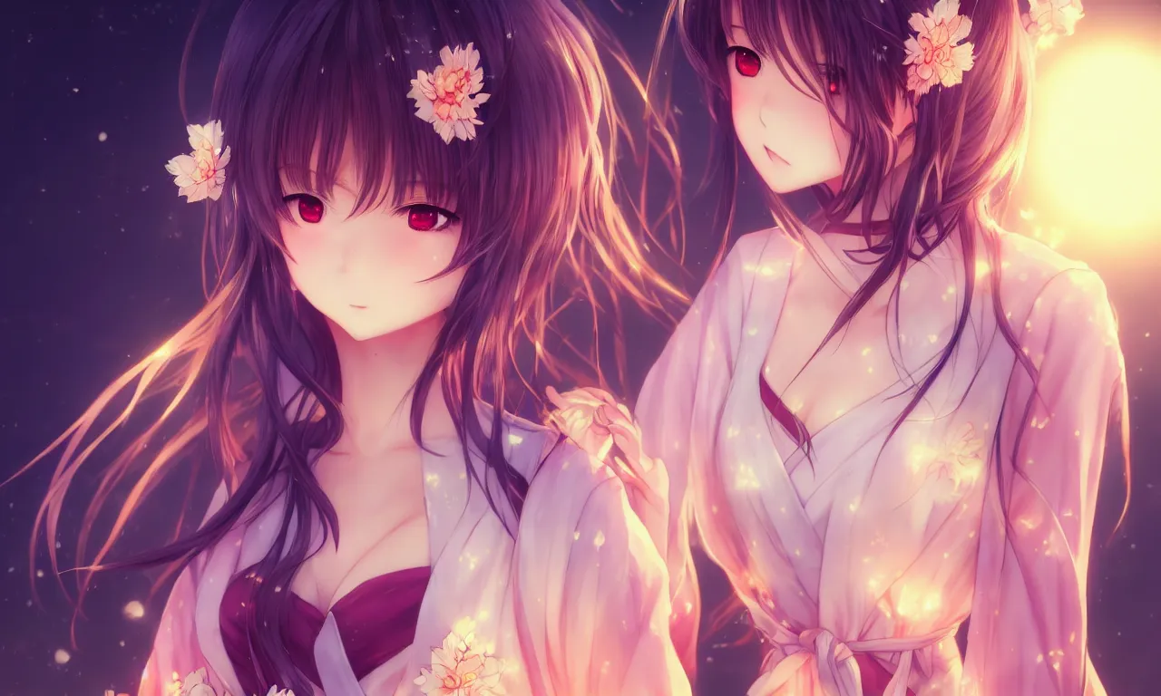 Image similar to portrait three beautiful anime girls wear coctail kimono closeup | | sunny night, full moon, dreamlike art, realistic shaded, smile, good looking, hyper details, 4 k realistic, cryengine, realistic shaded lighting poster by artgerm, ross tran, fuji choko, 8 k resolution, trending on artstation, luxury