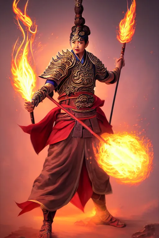 Prompt: handsome nezha, highly detailed, man holding spear, flame everywhere, epic pose, masterpiece chinese fantasy character portrait, highly detailed, digital painting, trending on artstation, concept art, sharp focus, illustration, global illumination, ray tracing, realistic shaded, art by artgerm and greg rutkowski and fuji choko and viktoria gavrilenko and hoang lap