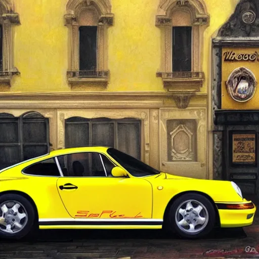 Prompt: Yellow Porsche 911 Carrera 3.2 parked in front of a Bondi Cafe, highly detailed, digital painting, artstation, concept art, smooth, sharp focus, illustration, art by artgerm and greg rutkowski and alphonse mucha