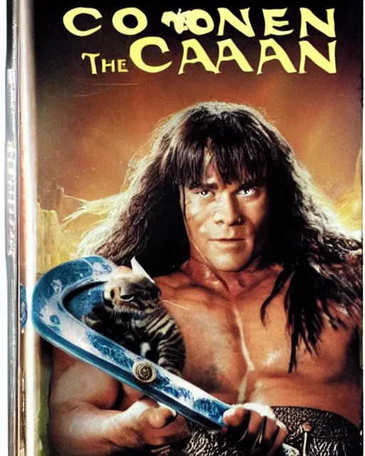 Prompt: 'Conan the Barbarian Adopts a Cute Kitten' blu-ray DVD case still sealed in box, ebay listing