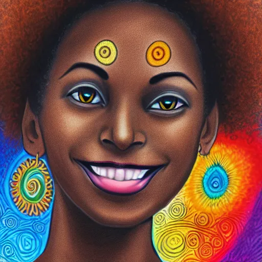 Image similar to an adult black woman, light skin, colorful ornate earrings, curly 3 c black hair, smile on her face, brown eyes, holding her small black bombay cat in the style of alex grey, trending on art station 8 k