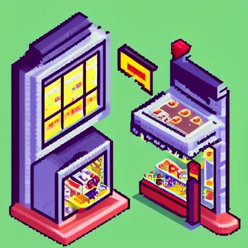 Image similar to isometric 1 6 bit pixel art ice cream shop, cyberpunk, kai vermehr