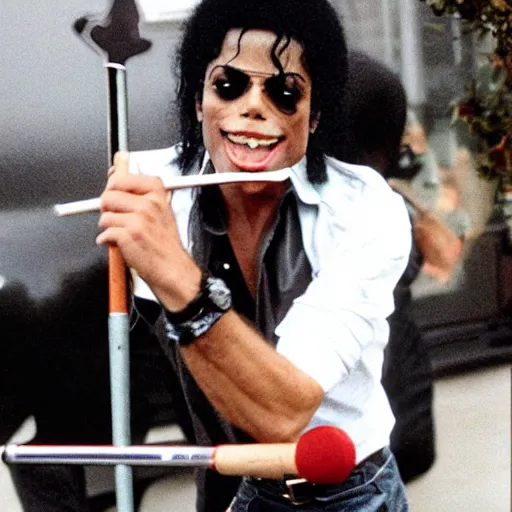 Prompt: Michael Jackson on a pogo stick eating homone
