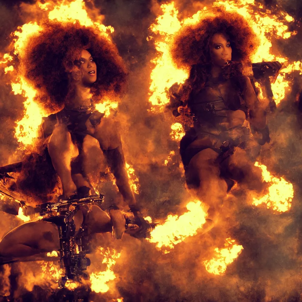 Image similar to beyonce with a afro hair style riding a hellfire missile, cinematic framing, cinematic lighting, hdr, gritty, movie still, 4k, 70s psychedelic style