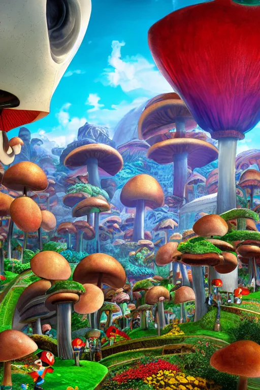 Prompt: Photo realistic, 8K UHD,high resolution : (background = the mushroom kingdom in the style of futuristic 18th/19th/20th century concept art detailed realistic )