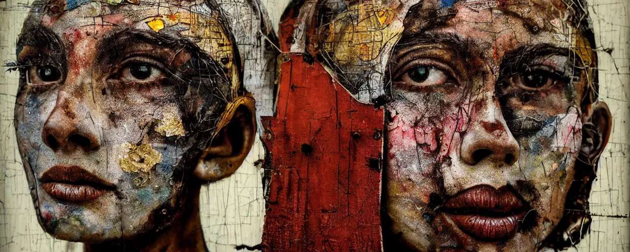 Prompt: a painted portrait a very ordinary person, by Rebecca Crowell, Tiziana Mazziotto, K.K. Hebbar, Jill Peters, Peter Vahlefeld, Minoru Onoda, Scaffolding, rust, metal, decay, mixed media, textured, anatomically correct, beautiful perfect face, sharp focus, Highly Detailed