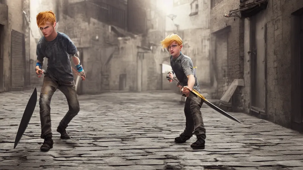 Prompt: A young blonde boy thief with daggers fighting in an alleyway , octane render, high detail, photorealistic, High details,4k