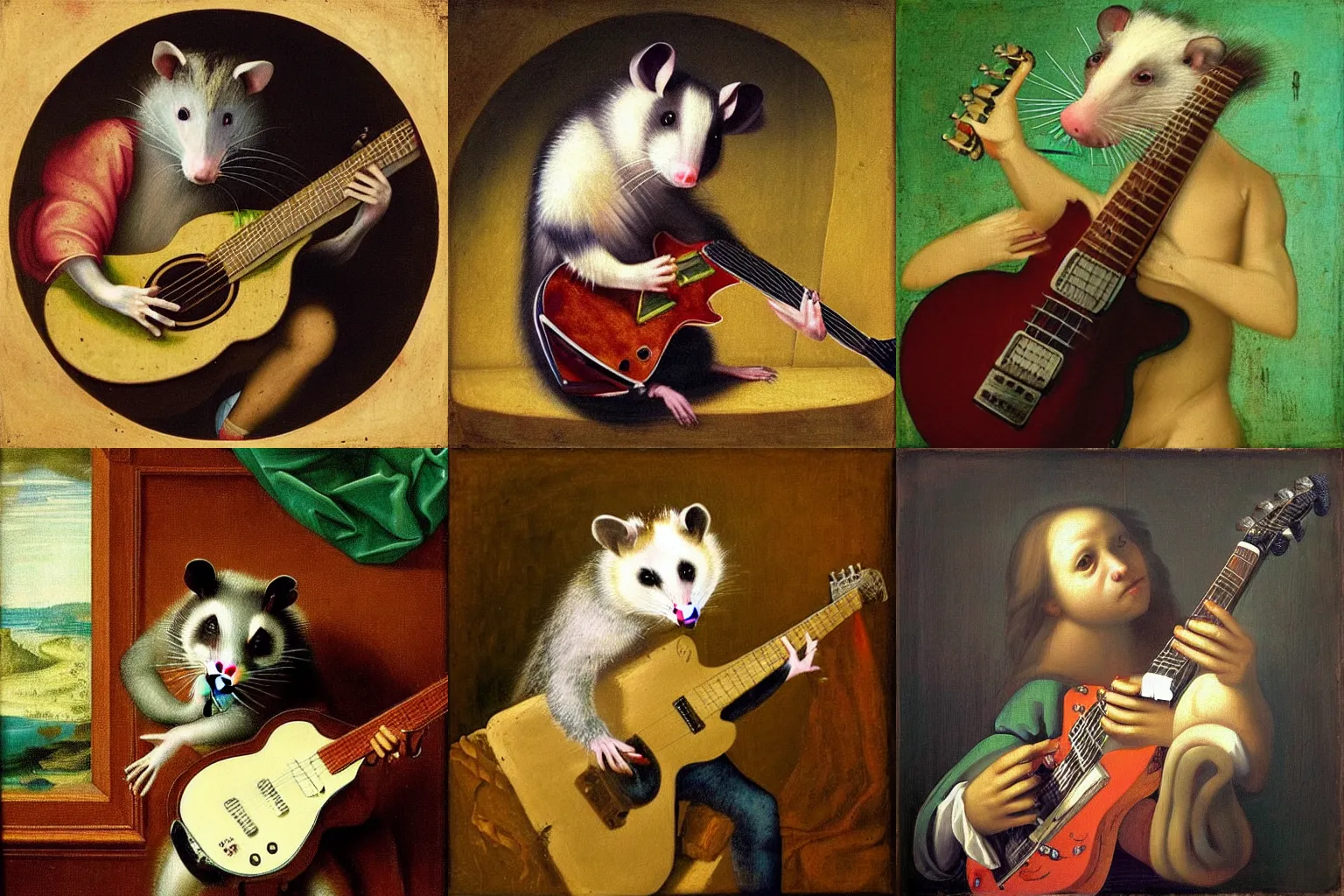 Prompt: “Renaissance painting of an opossum playing the electric guitar”