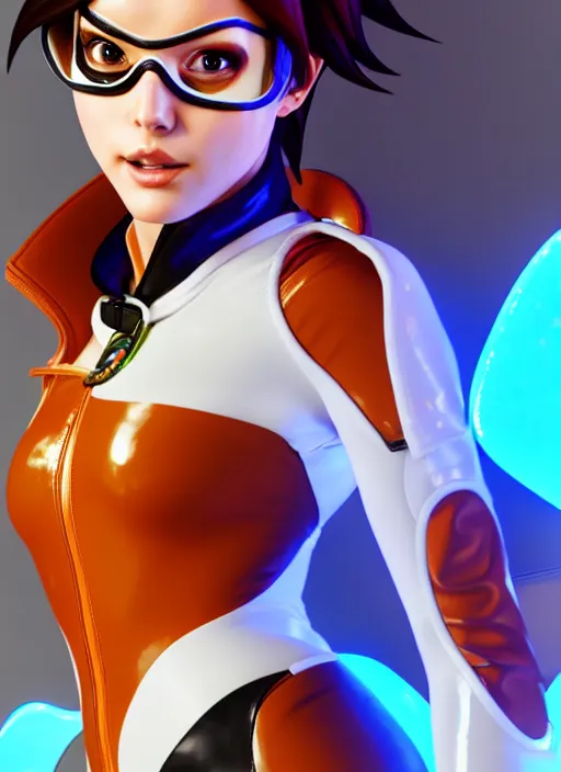 Image similar to portrait bust digital artwork of tracer overwatch, wearing white iridescent rainbow latex and leather straps catsuit outfit, 4 k, expressive happy smug expression, makeup, in style of mark arian, angel wings, wearing detailed black leather collar, chains, black leather harness, detailed face and eyes,