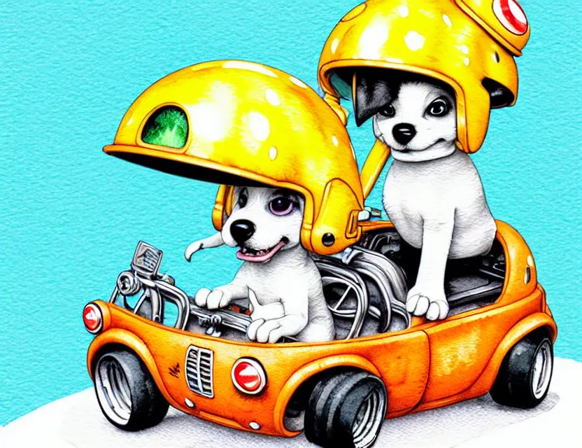 Image similar to cute and funny, puppy wearing a helmet riding in a tiny hot rod with an oversized engine, ratfink style by ed roth, centered award winning watercolor pen illustration, isometric illustration by chihiro iwasaki, edited by range murata, tiny details by artgerm and watercolor girl, symmetrically isometrically centered, sharply focused