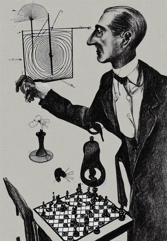 Prompt: a concept drawing of marcel duchamp holding up a chess - piece wire - machine, a surrealist painting by marcel duchamp, complex artificial - intelligence machinery, minimal sketch flow - chart, academic art, 1 9 2 0 s