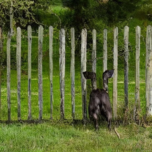 Image similar to hole in an old fence with a hairy old man staring out from the other side, photograph