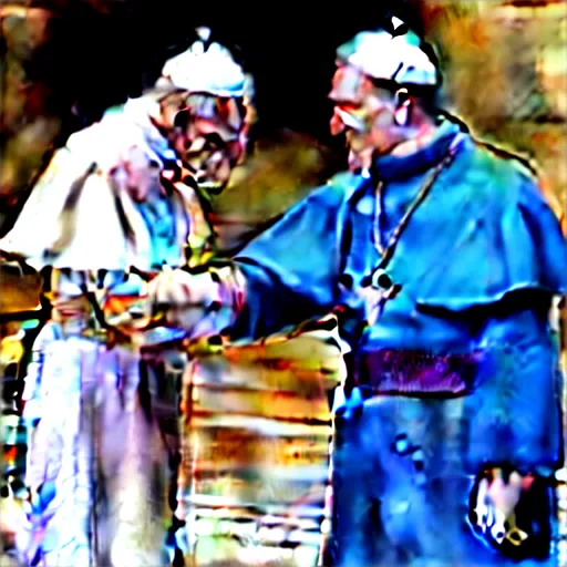 Image similar to the pope and a member of the crips street gang happily shaking hands with each other in a chicago neighborhood, 8 k, very detailed, very intricate,