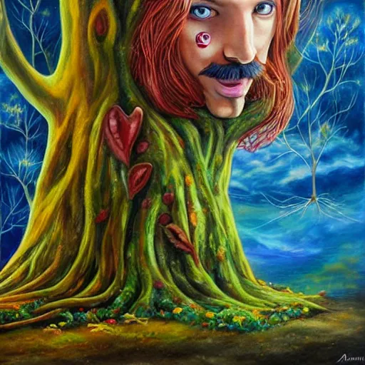 Prompt: a magic talking tree ent with eyes, smiling mouth and a moustache, fantasy concept art, oil painting by dorina costras, by artgerm