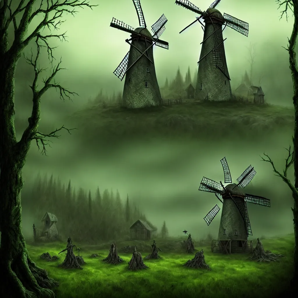 Prompt: evil hags with green skin, bones, old stone windmill, forest background, a detailed matte painting, fantasy, foggy, dark, 8 k