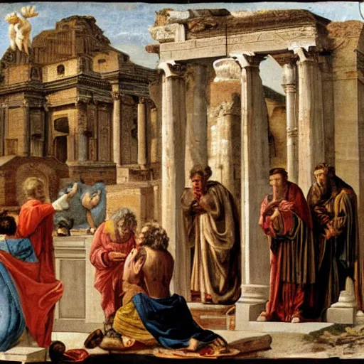 Image similar to the birth of jesus christ depicted inside the roman forum, julius caesar in the centre holding baby jesus