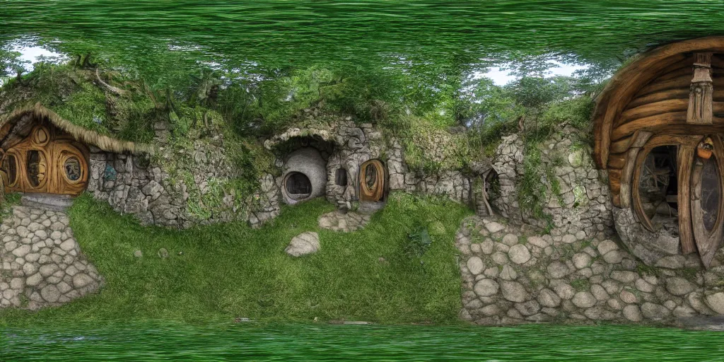 Image similar to seamless equirectangular projection of a 3 6 0 view inside hobbit village