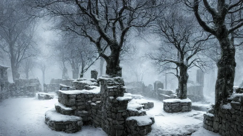 Prompt: the massive stone walls surround the [ secret garden ] in winter. claustrophobic. andreas achenbach, artgerm, mikko lagerstedt, zack snyder, tokujin yoshioka