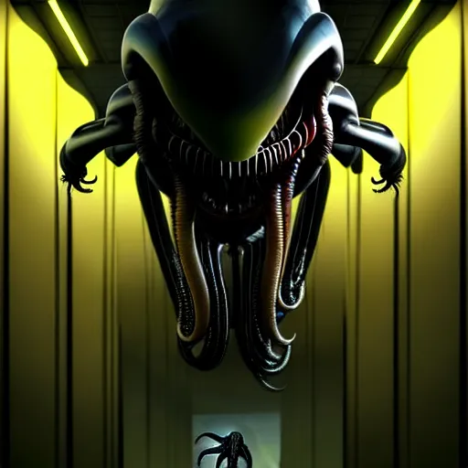 Image similar to black glossy xenomorph, alien movie, endless empty office building, pale yellow wallpaper, moist brown carpet, dim fluorescent lighting, artstation, ultra detailed, creepy, dramatic lighting, photorealistic, art by h. r. giger and chris fss