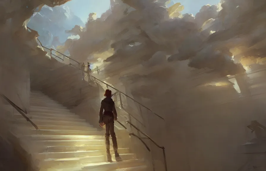 Image similar to greg manchess concept art of a the cloud stairs dimension, key visual, ambient lighting, highly detailed, digital painting, artstation, concept art, sharp focus, by makoto shinkai and akihiko yoshida and hidari and wlop and greg rutkowski