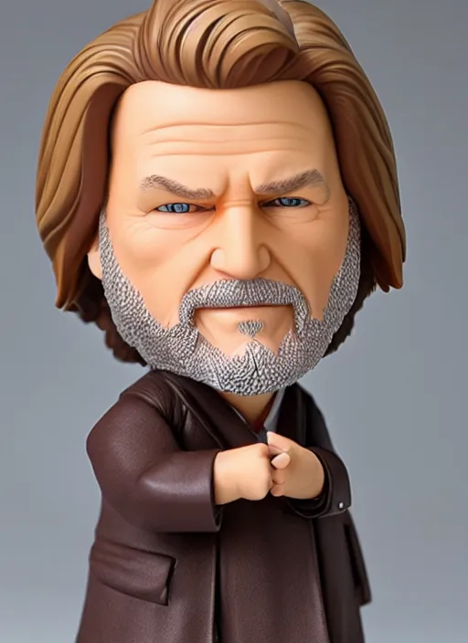 Image similar to jeff bridges, a nendoroid of jeff bridges figurine, bathrobe, the big lebowski, realistic face, detailed product photo