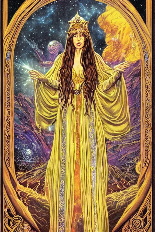 Image similar to Portrait of an epic space queen sorceress with long hair wearing robe with ornate bronze and gold, Art Noveau, retro science fiction poster by Elisabeth Sonrel and Kelly Freas (1965), tarot card, character concept art, vivid, highly detailed, cgsociety, artgerm