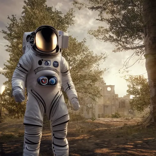 Prompt: humanoid in spacesuit, abandoned mansion on the background, hyper realistic render, cryengine render 8k, unreal engine