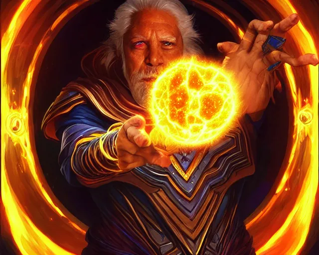 Prompt: extreme cosmic power, wizard casting the biggest greatest brightest destructive fireball in the world, deep focus, d & d, fantasy, intricate, elegant, highly detailed, digital painting, artstation, concept art, matte, sharp focus, illustration, hearthstone, art by artgerm and greg rutkowski and alphonse mucha