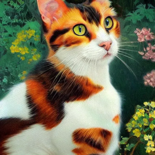 Image similar to portrait of a calico cat!!!!!!!!, calico cat, animal, cat masterpiece, sakimichan!!!!!, Ross Tran, (((Alphonse Mucha)))