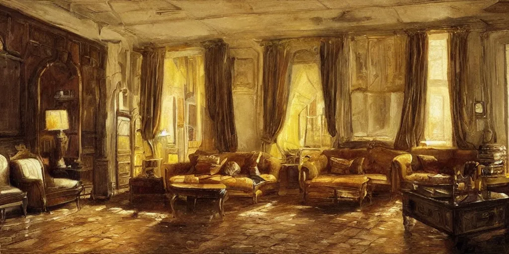 Prompt: brown cat with yellow eyes is sitting at sofa in a draw room at paris in early 2 0 th century. big room, high ceiling, high windows, atmospheric feeling, warm colours, brown colours, yellow colours, epic scene, cinematic, very detailed, hyperrealistic painting style