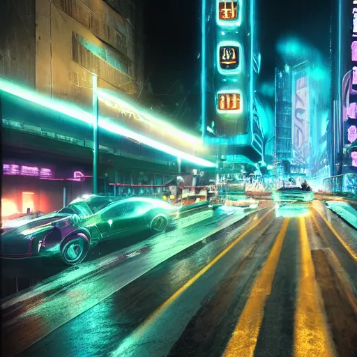 Image similar to a 3 d rendered in unreal engine guatemalan cyberpunk city with neon ads and signs with evocative dramatic mood with blade runner vibe with cars with motion blur with depth of field with bloom with lightshaft with volumetric lights, fog, by scott robertson, oscar winning graphics, photo realistic, bloom, imax, dynamic lighting, artstation,