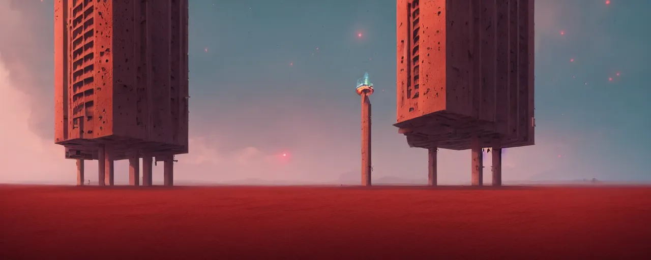 Prompt: a concrete tower with several power cables coming from the top of the tower and going out of frame, the tower stands in red sand beach, ocean nearby, cloudy day, blue hour, by filip hodas, by simon stalenhag, cinematic, dramatic light, concept art, matte painting, trending on artstation, dystopia, cyberpunk