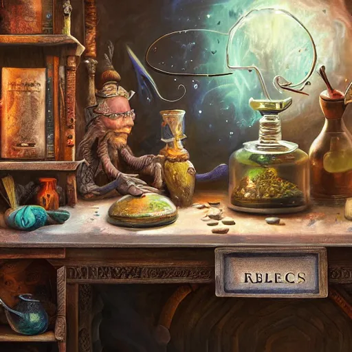 Prompt: hyper real, table, wizards laboratory, tony sart, mortar, pestle, scales with magic powder, energy flowing, magic book, beakers of colored liquid
