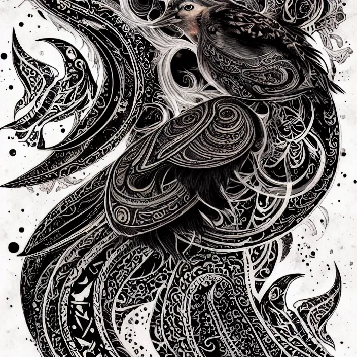 Image similar to extremely psychedelic tattoo design made of cressent moon and black bird, LSD tattoo design, diffuse lighting, fantasy, intricate, elegant, highly detailed, lifelike, photorealistic, digital painting, artstation, illustration, concept art, smooth, sharp focus, art by John Collier and Albert Aublet and Krenz Cushart and Artem Demura and Alphonse Mucha