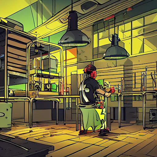 Image similar to editorial illustration of a laboratory setup from a mad scientist, zombi apocalypse, photography, fine texture, dynamic composition, detailed, dynamic perspective, colorful modern