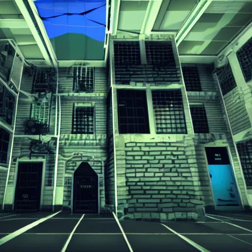 Image similar to an old computer screen showing a low poly horror games, the horror game shows a person and an apartment in a low poly style, hyper detailed computer, super realistic.