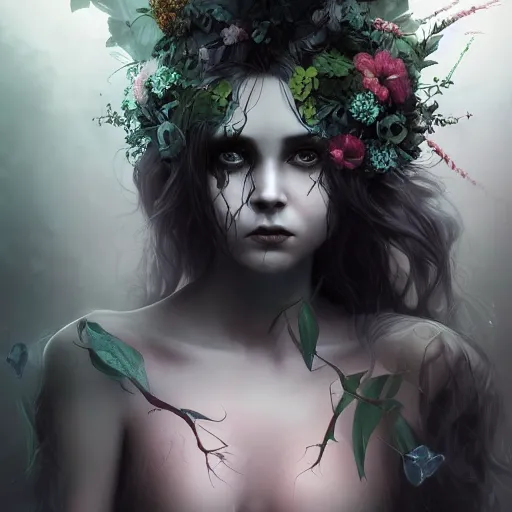 Prompt: Portrait of a dark fantasy nymph, flowers and plants surrounding, stunning, concept art, artstation, dramatic lighting, minimalism