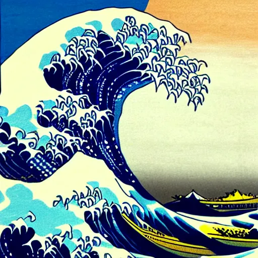 Image similar to surfer girl, woodblock print, style of hokusai, fine art, style of the great wave off kanagawa, painting